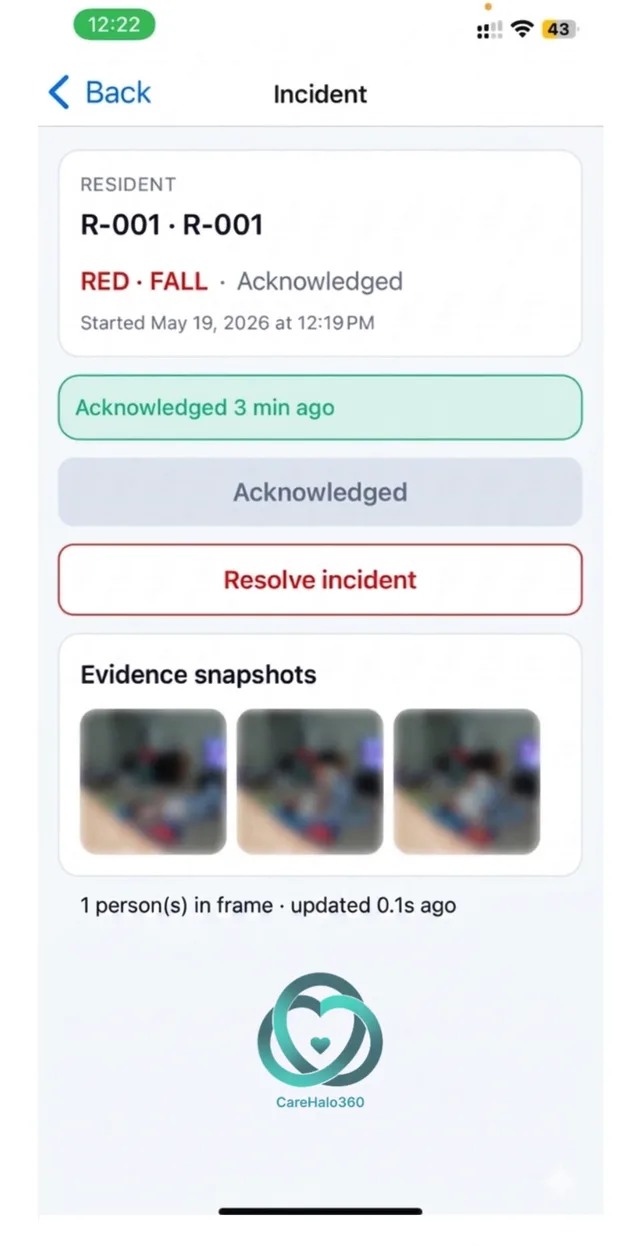 The CareHalo360 app showing that a fall was answered