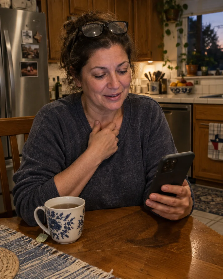 A woman at her kitchen table reads a reassuring update on her phone