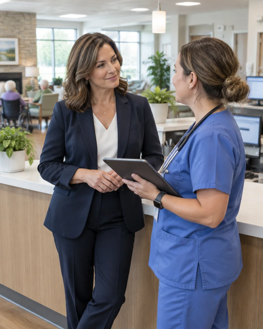 An executive director and a nurse talk at a nursing station
