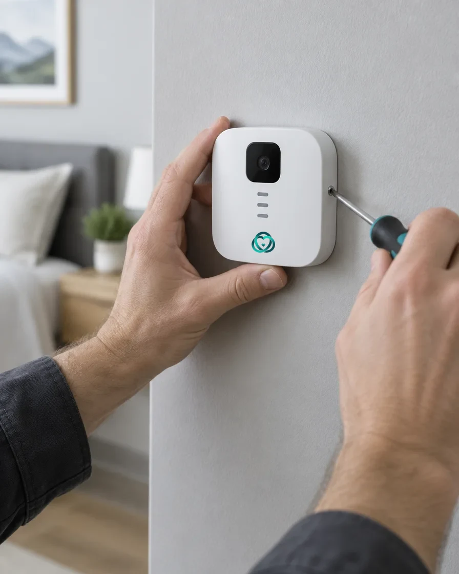 A technician mounts a CareHalo360 Halo on a bedroom wall with one screw