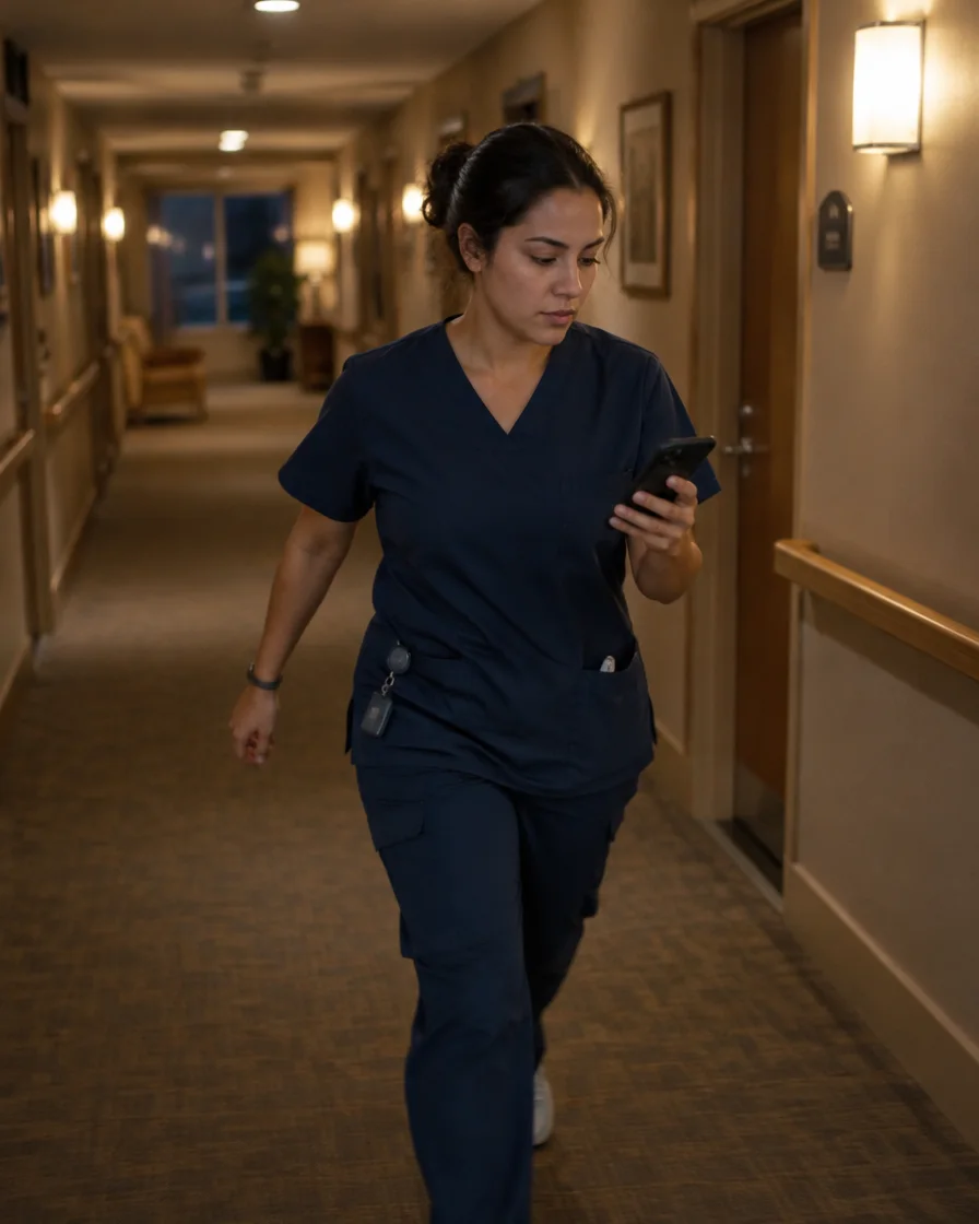 A night-shift caregiver checks her phone in an assisted living hallway