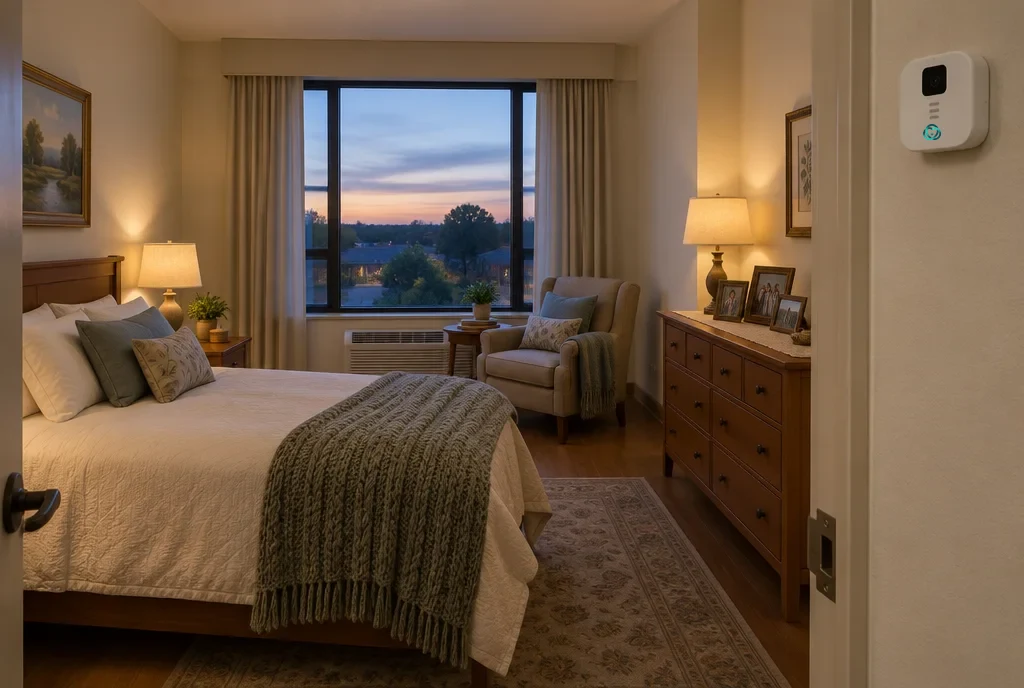 An assisted living room at dusk with a CareHalo360 Halo by the door